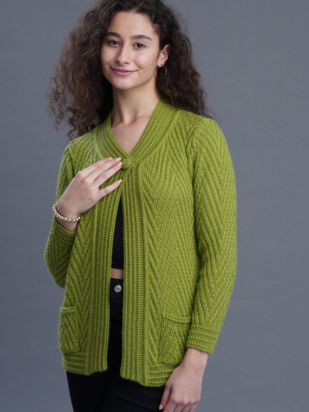 Crimson Frost Round-Neck Cardigan