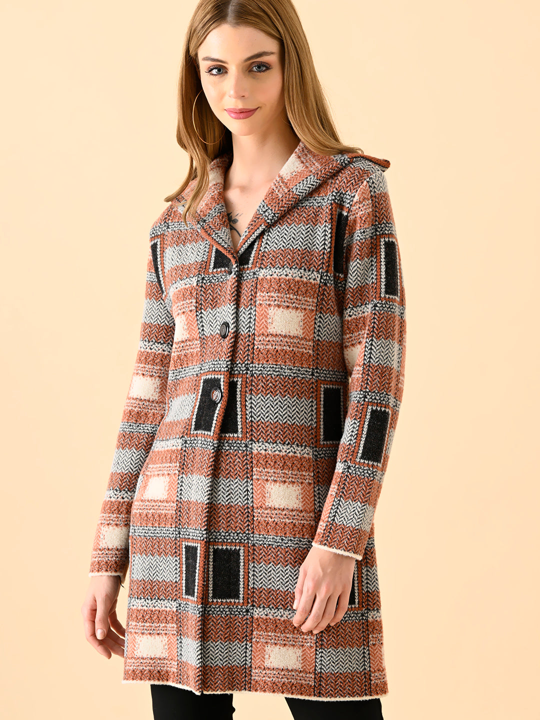 Plaid Patterned Knit Cardigan