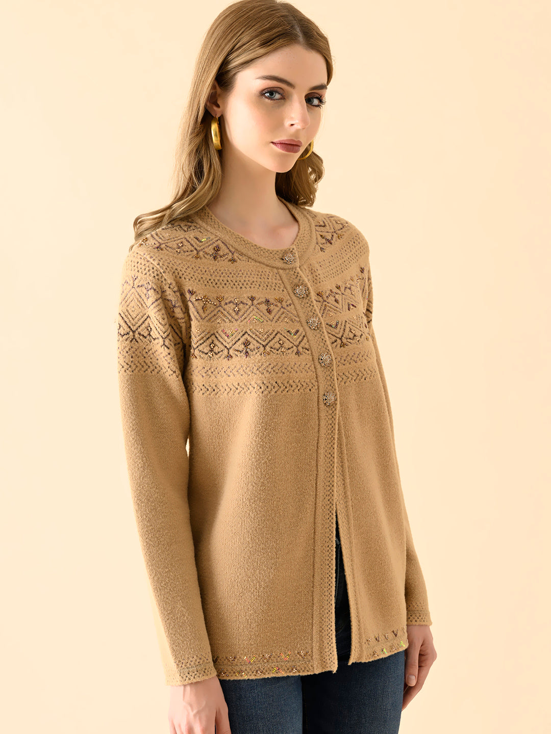 Elegant Round-Neck Embroidered Sweater