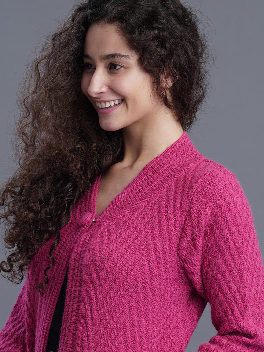 Crimson Frost Round-Neck Cardigan