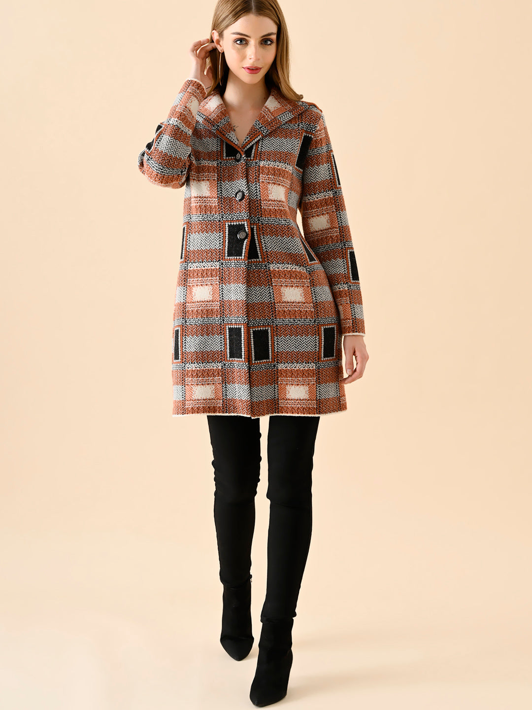 Plaid Patterned Knit Cardigan