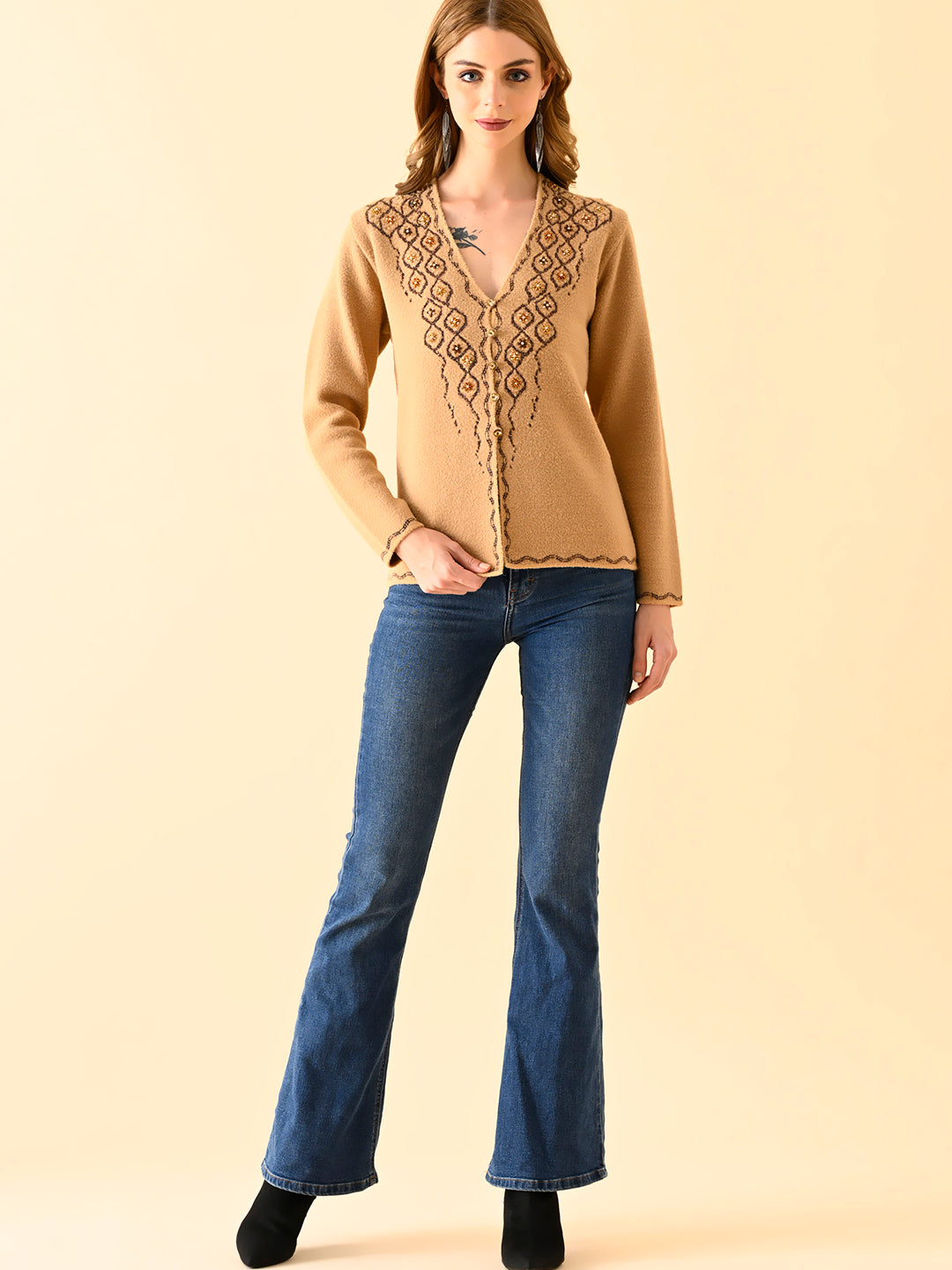 Intricate V-Neck Embroidered Knitwear