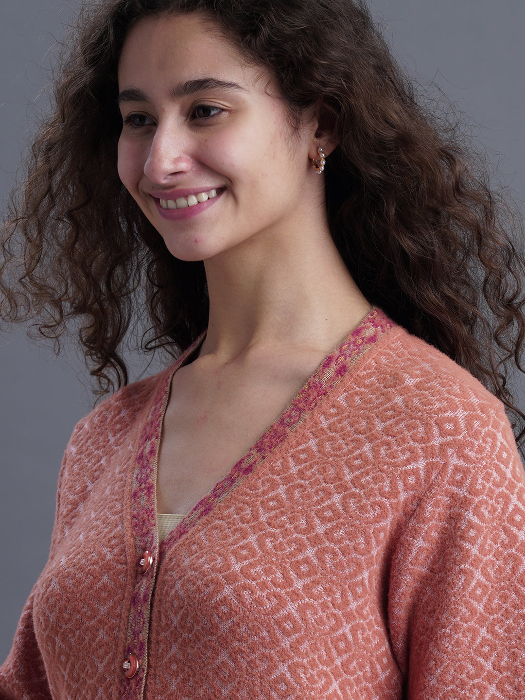 V-Neck Jacquard Wool Cardigan