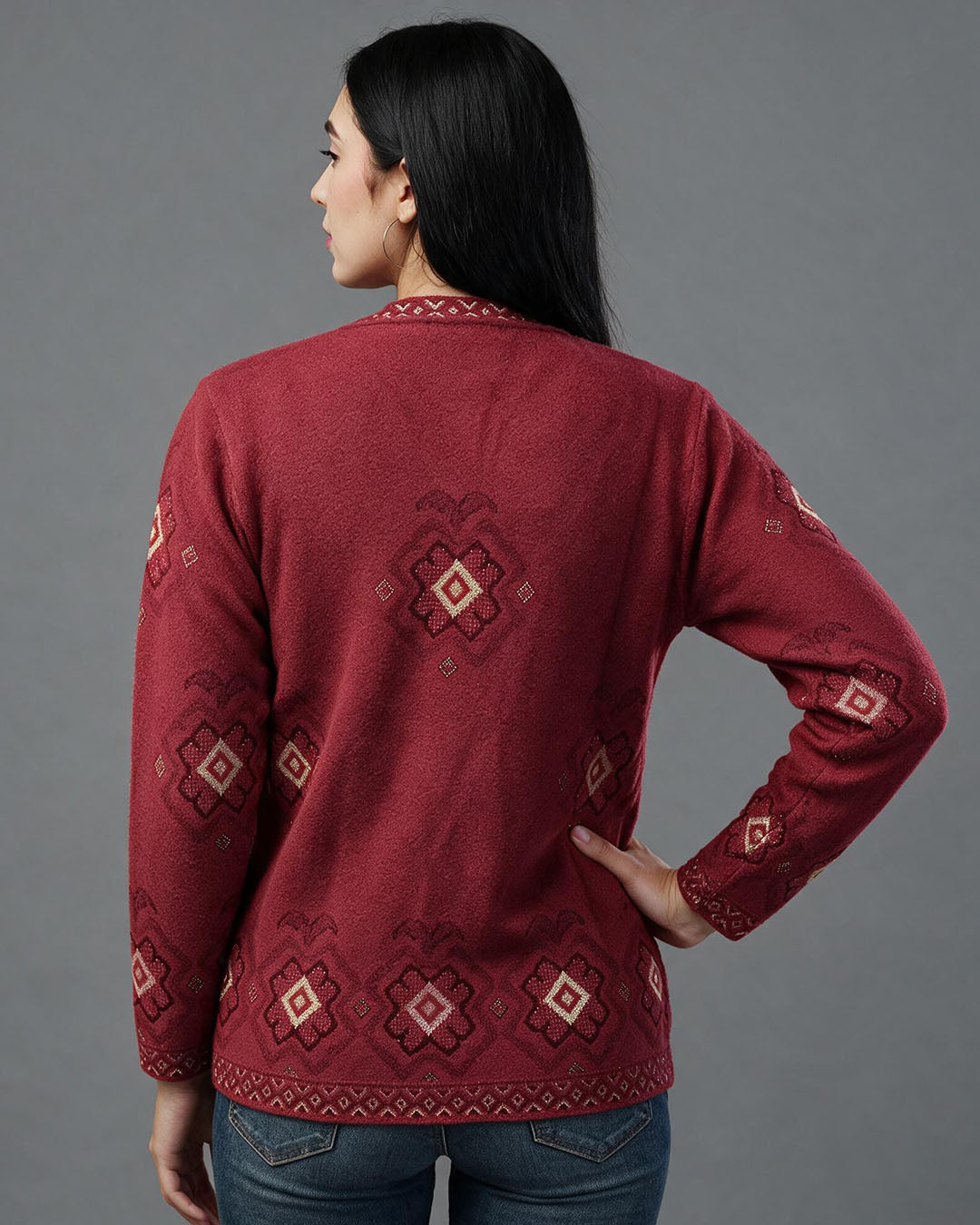 Virsa Geometric Pattern V-Neck Cardigan
