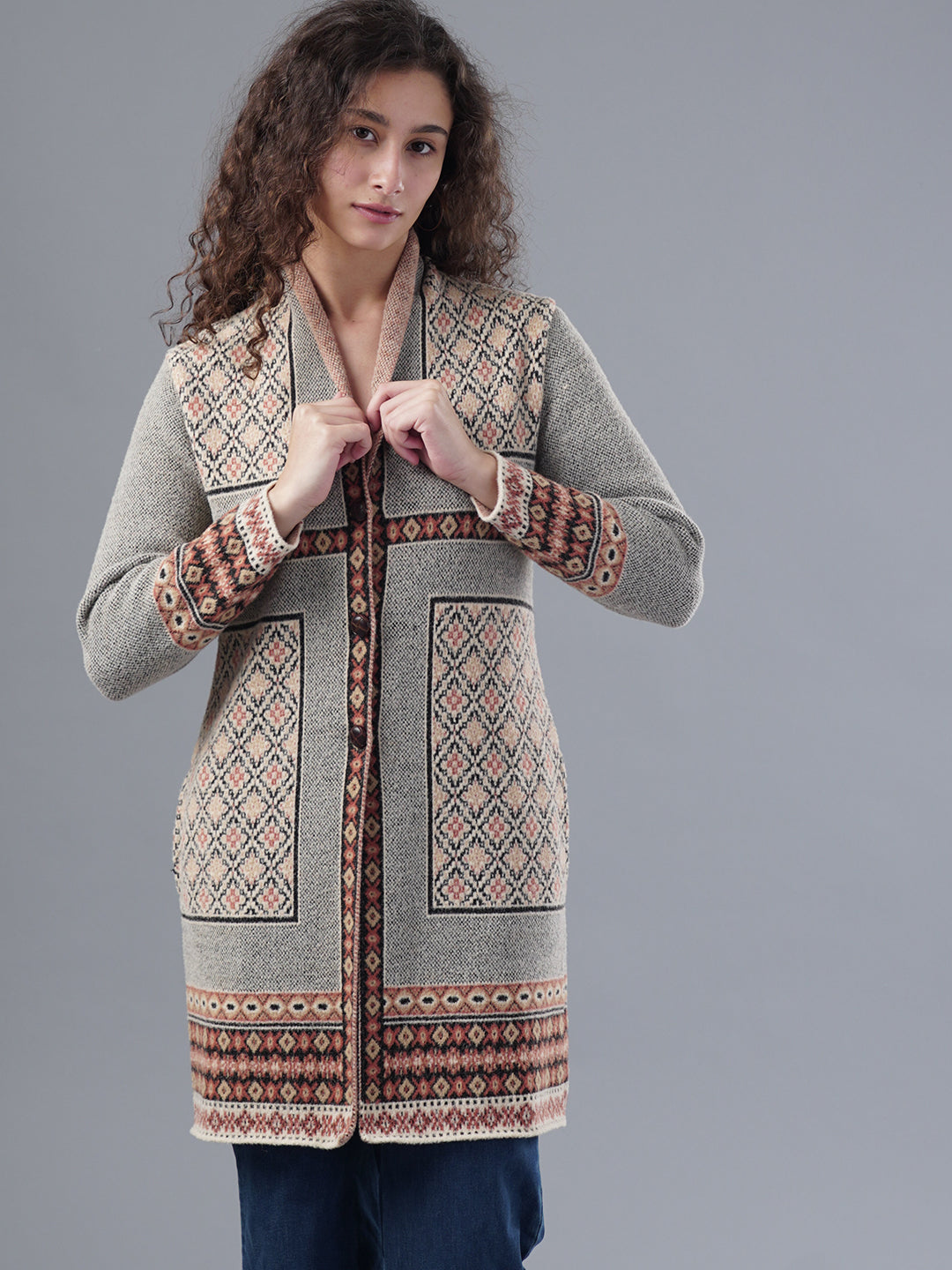 Virsa Ethnic Pattern Longline Cardigan