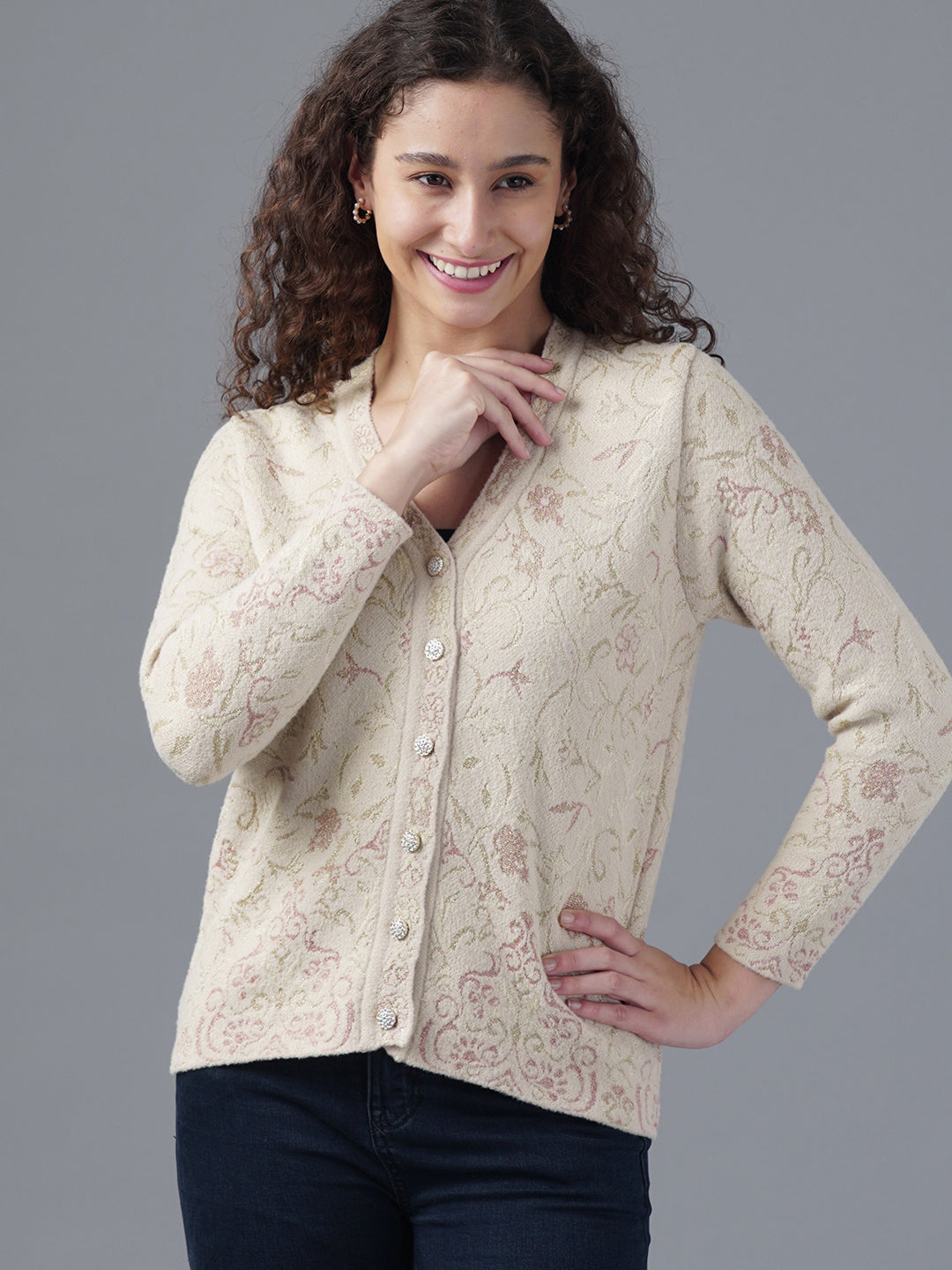 Virsa Floral Jacquard V-Neck Cardigan