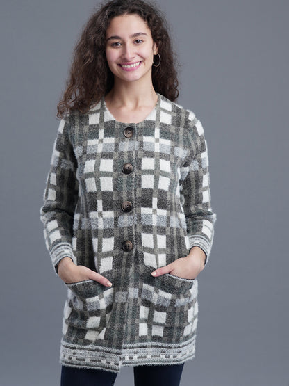 Premium Long Jacquard Cardigan – Round Neck