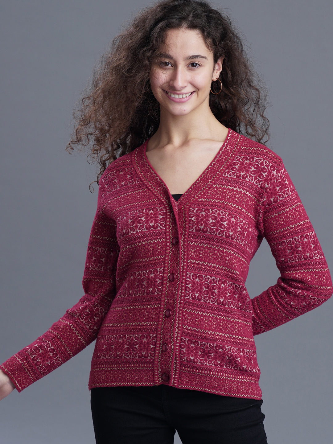 Jacquard Wool Cardigan – V-Neck