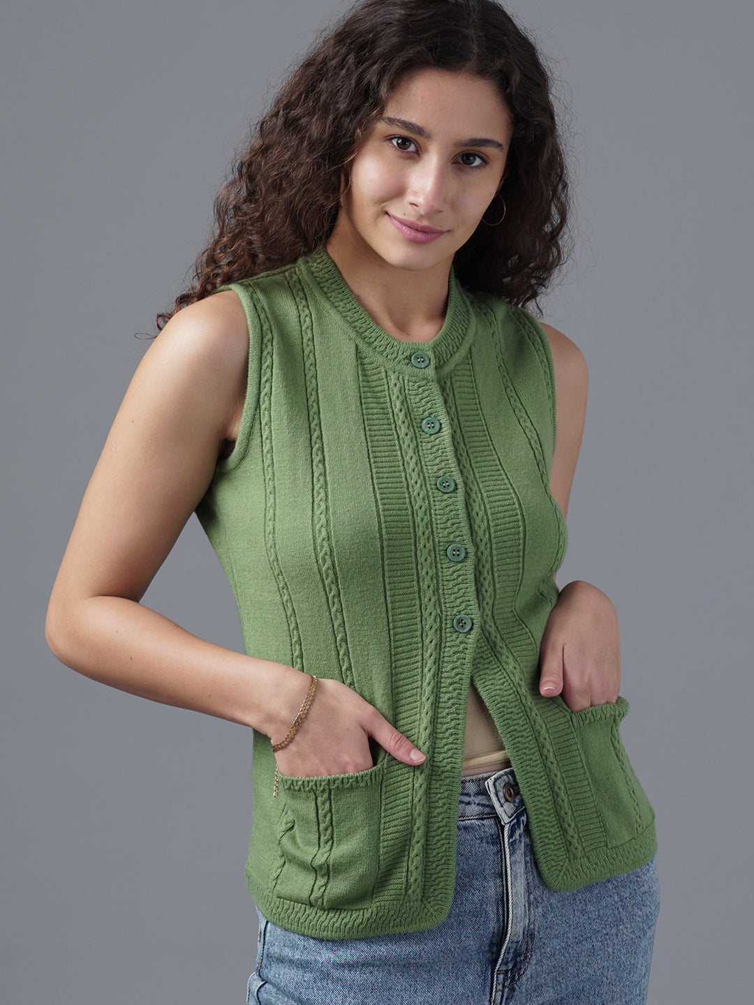 Virsa Cable Knit Sleeveless Cardigan