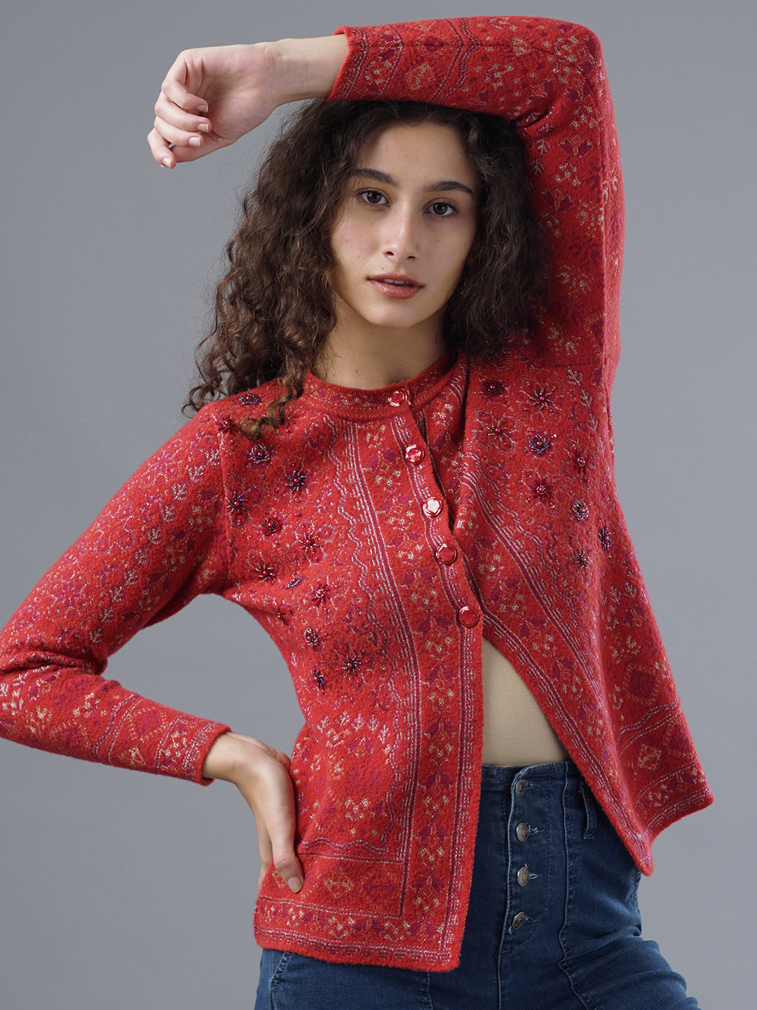 Virsa Embellished Round Neck Cardigan