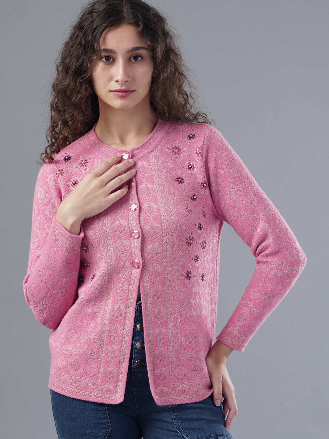 Virsa Embellished Round Neck Cardigan