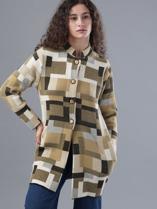 Virsa Geometric Print Longline Cardigan