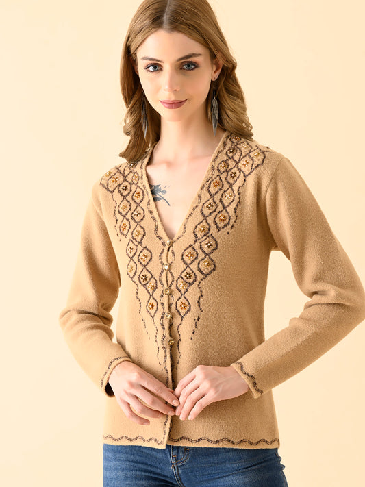 Intricate V-Neck Embroidered Knitwear