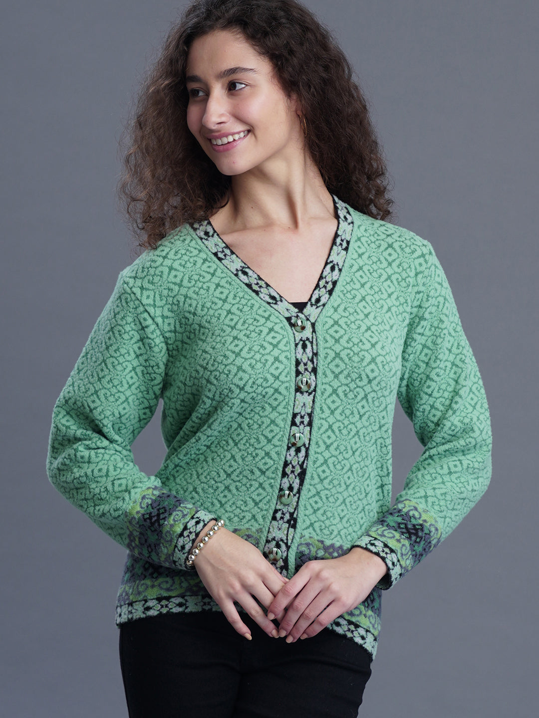  V-Neck Jacquard Wool Cardigan