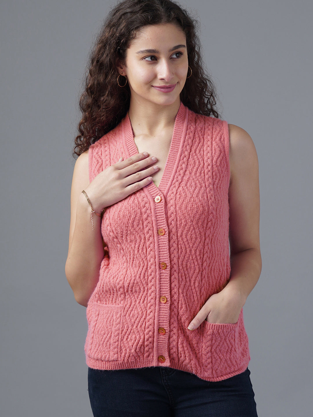 Virsa Textured Knit Sleeveless Vest Cardigan