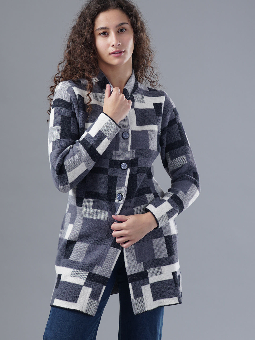 Virsa Geometric Print Longline Cardigan