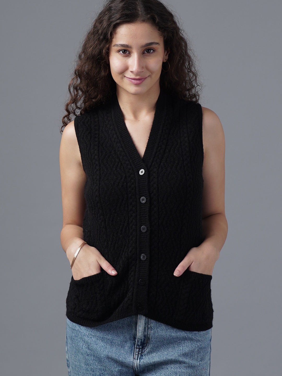 Virsa Textured Knit Sleeveless Vest Cardigan