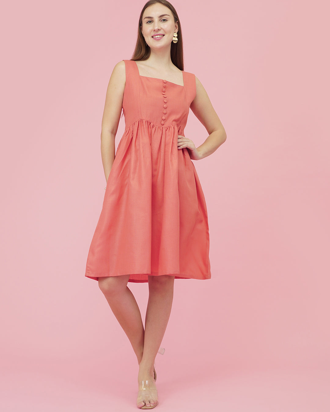 Coral Glow Linen Dress
