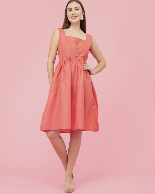 Coral Glow Linen Dress