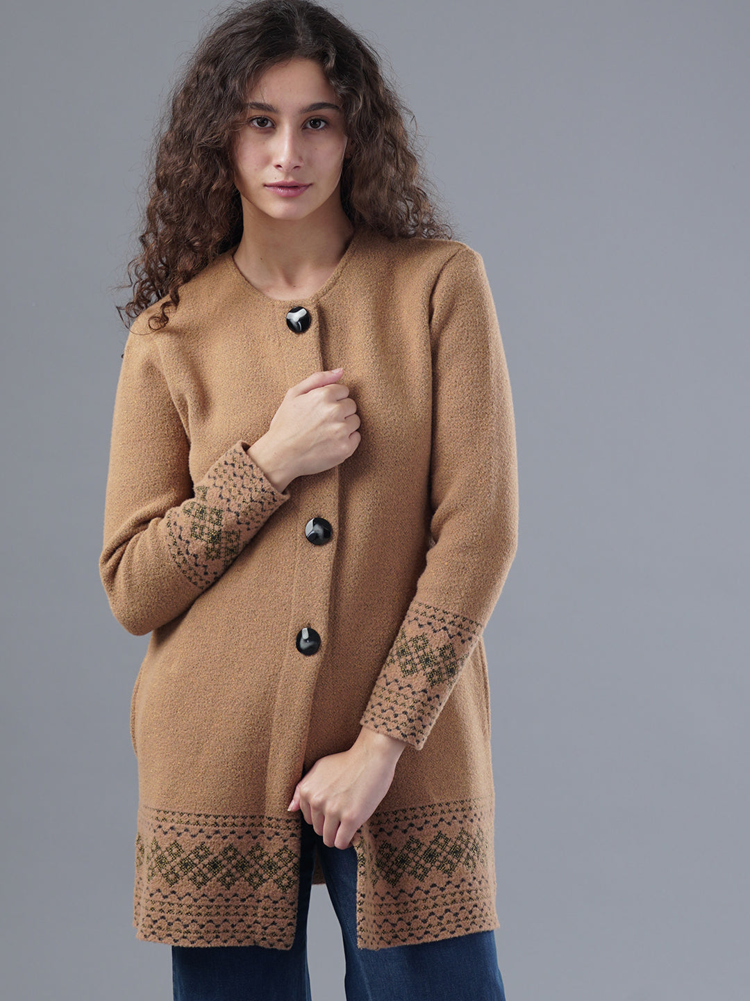 Virsa Border Pattern Longline Cardigan