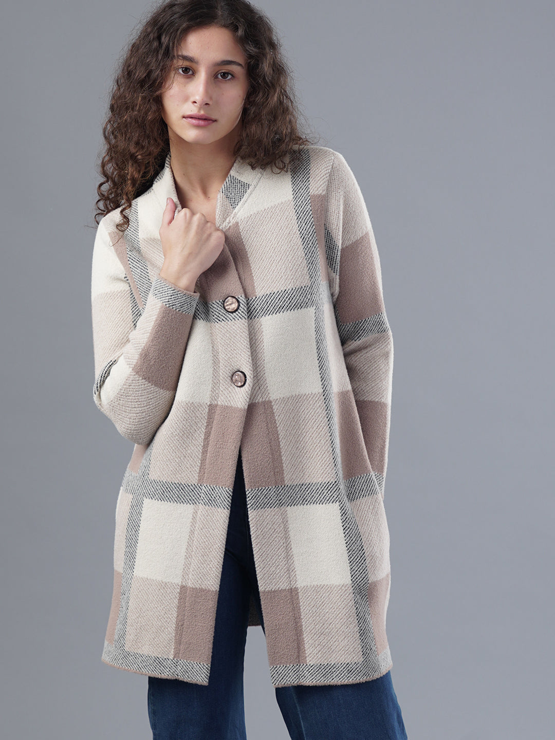 Virsa Plaid Longline Cardigan Coat