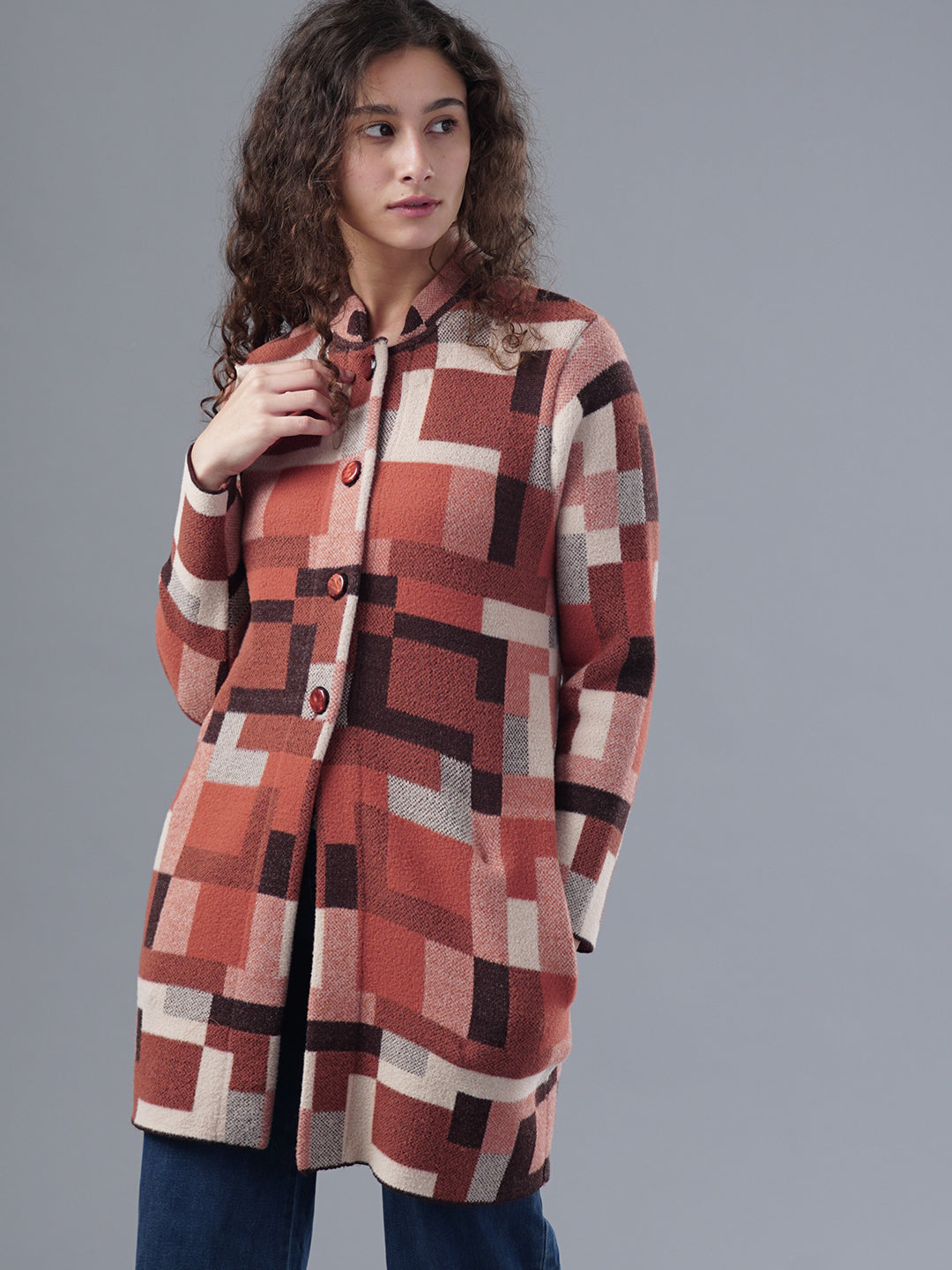 Virsa Geometric Print Longline Cardigan
