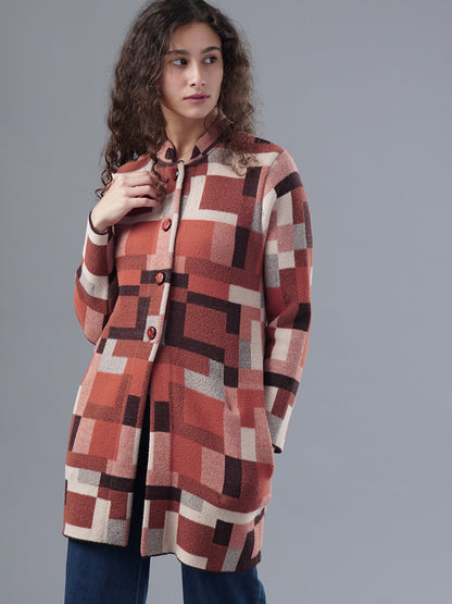 Virsa Geometric Print Longline Cardigan