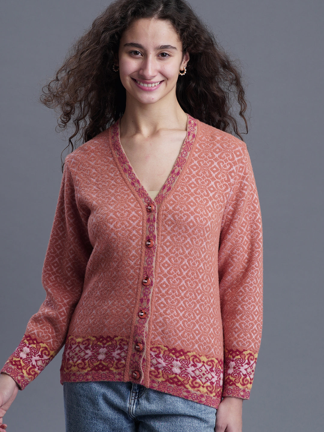 V-Neck Jacquard Wool Cardigan