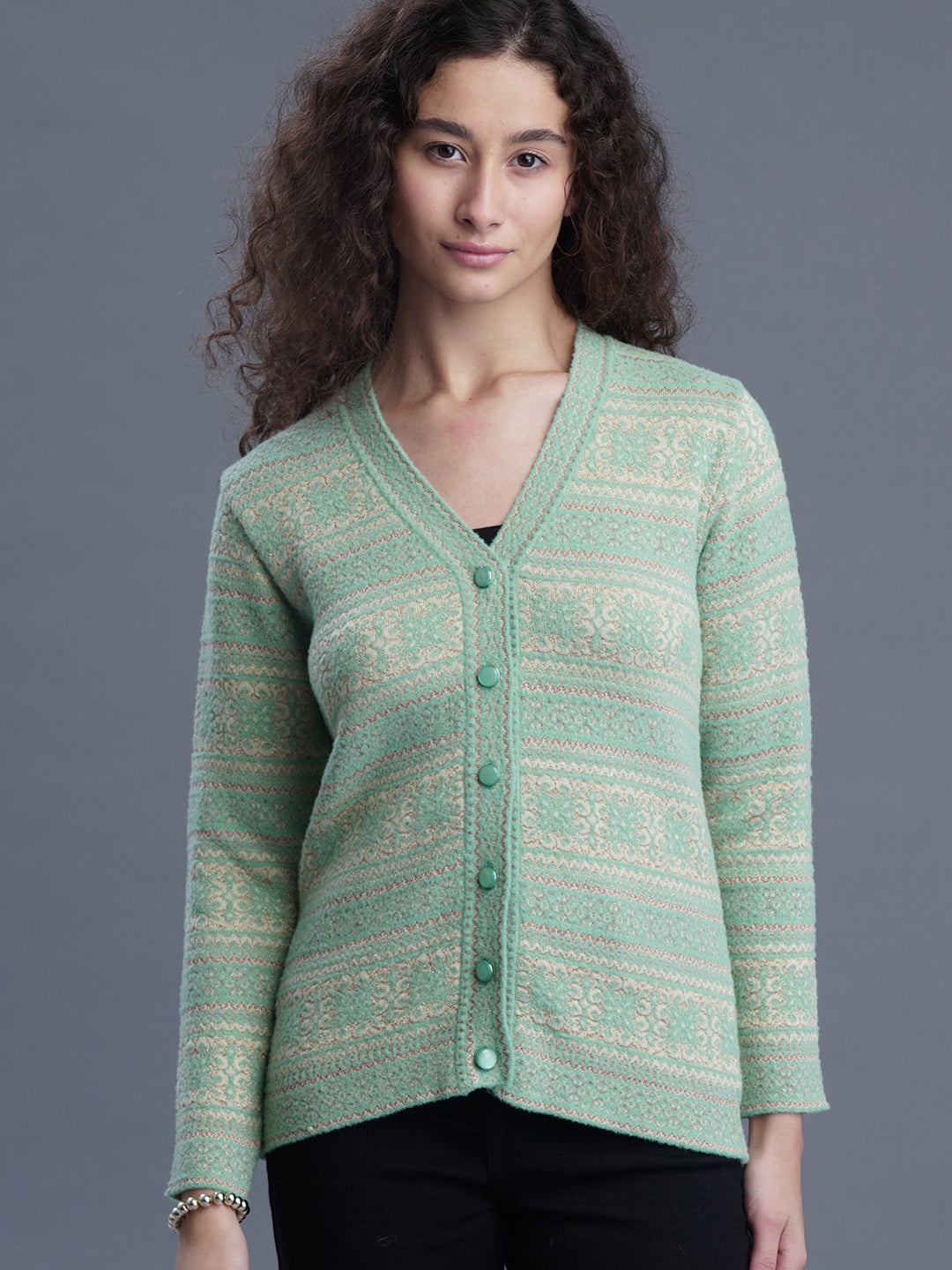 Jacquard Wool Cardigan – V-Neck