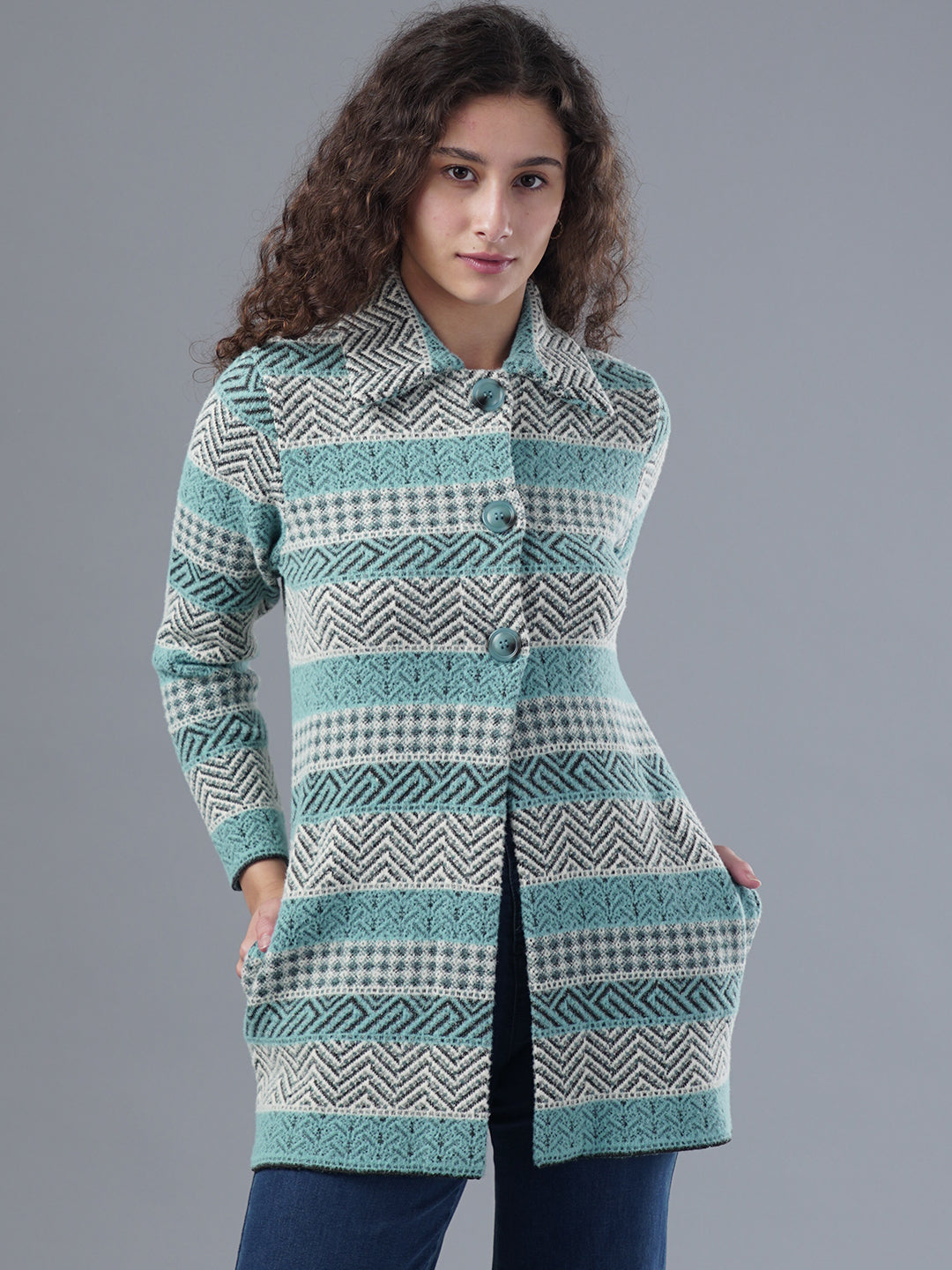 Virsa Striped Pattern Collared Cardigan