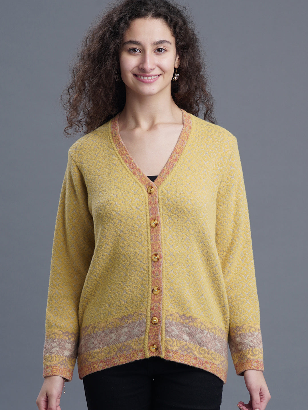 V-Neck Jacquard Wool Cardigan