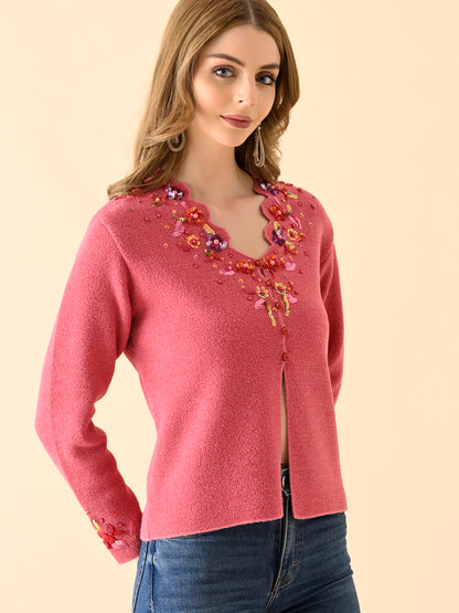 Floral Motif Knitted Cardigan