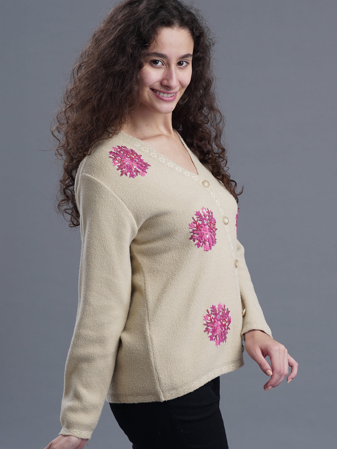 V-Neck Jacquard Cardigan