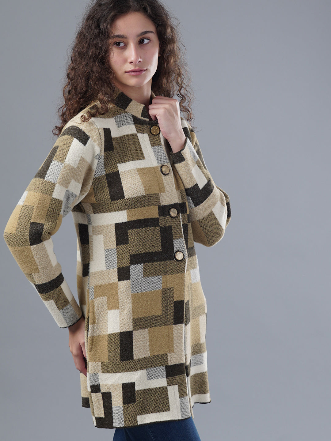 Virsa Geometric Print Longline Cardigan