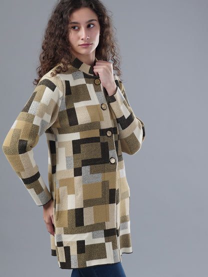 Virsa Geometric Print Longline Cardigan