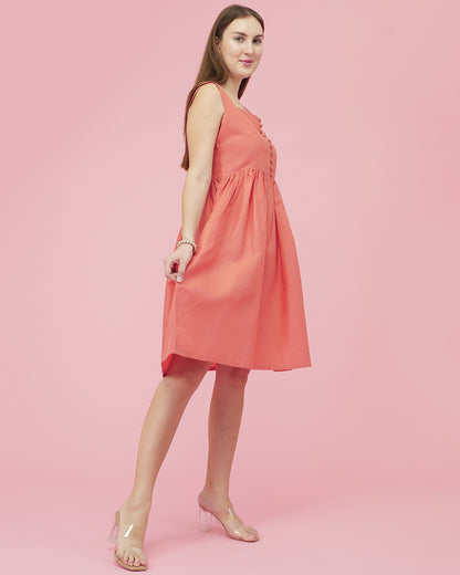 Coral Glow Linen Dress