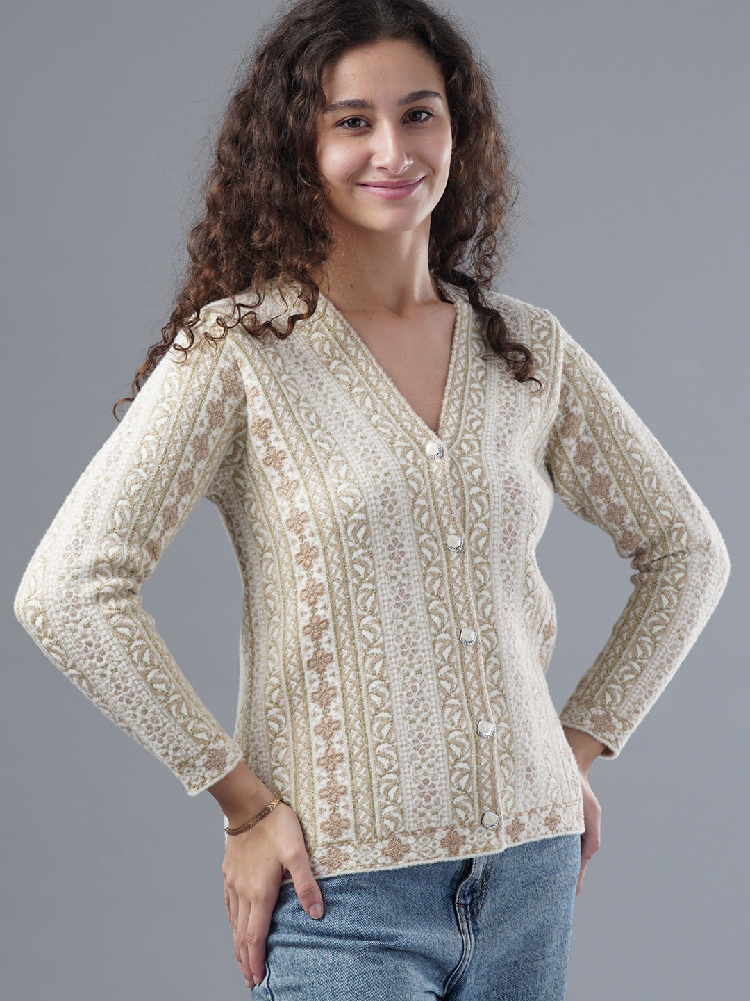 Virsa Ornate Jacquard V-Neck Cardigan