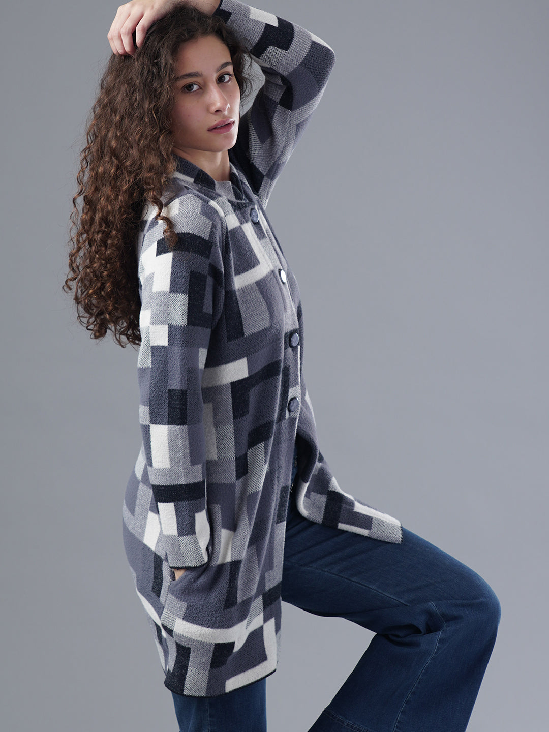 Virsa Geometric Print Longline Cardigan