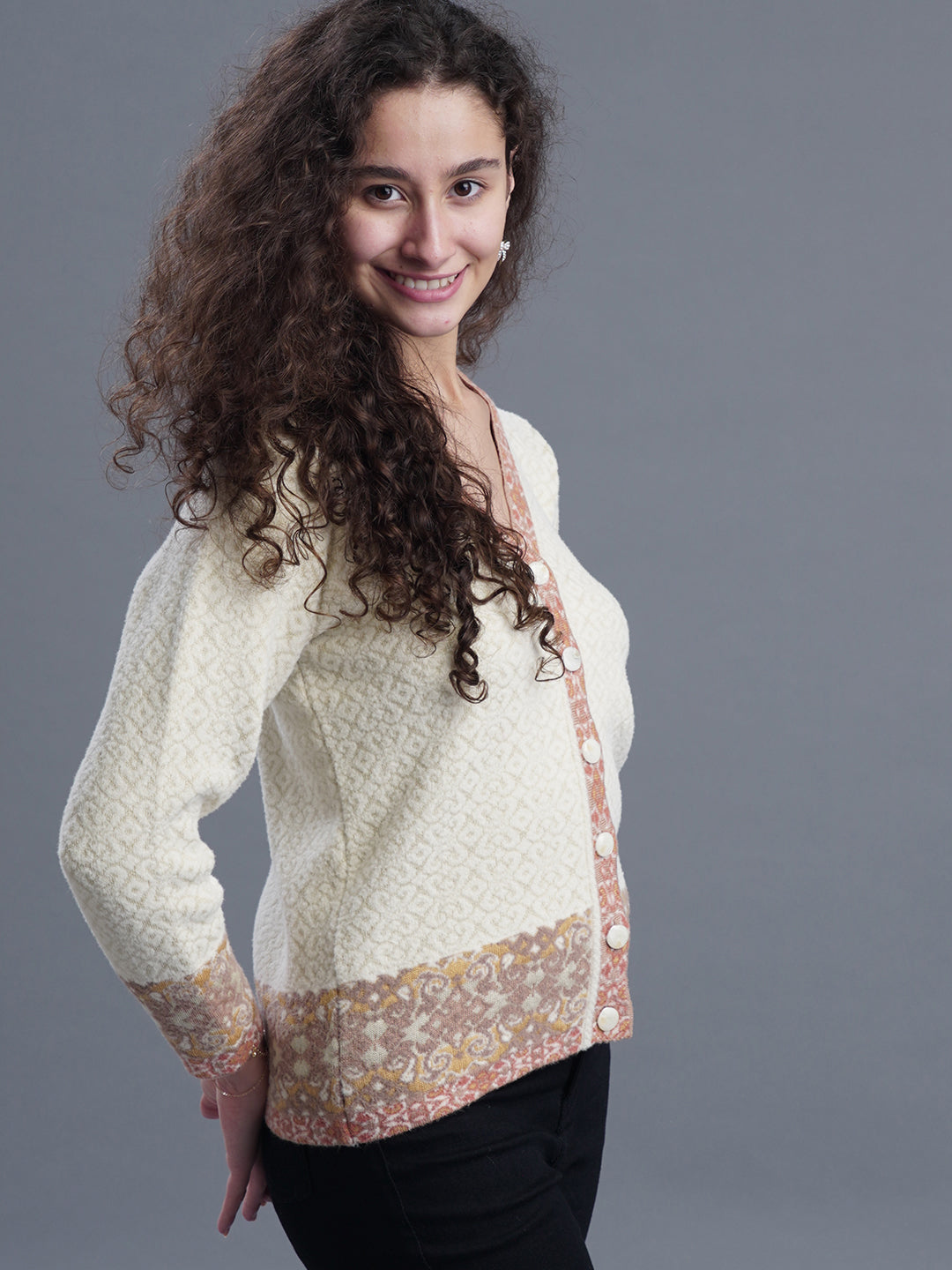  V-Neck Jacquard Wool Cardigan