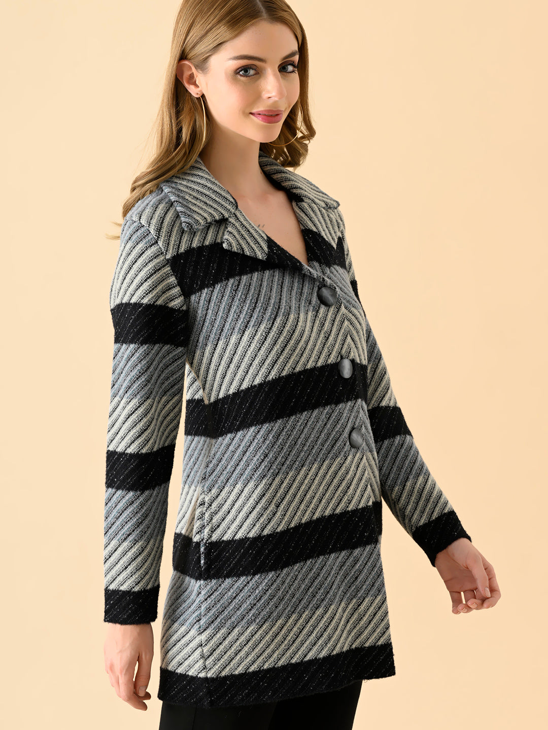 Diagonal Stripe Long Knit Jacket