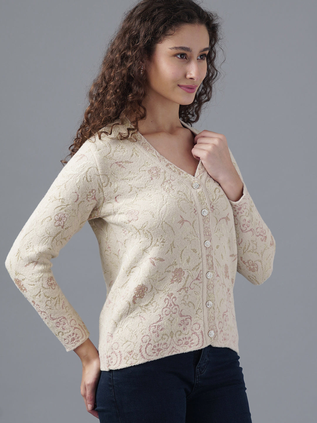 Virsa Floral Jacquard V-Neck Cardigan
