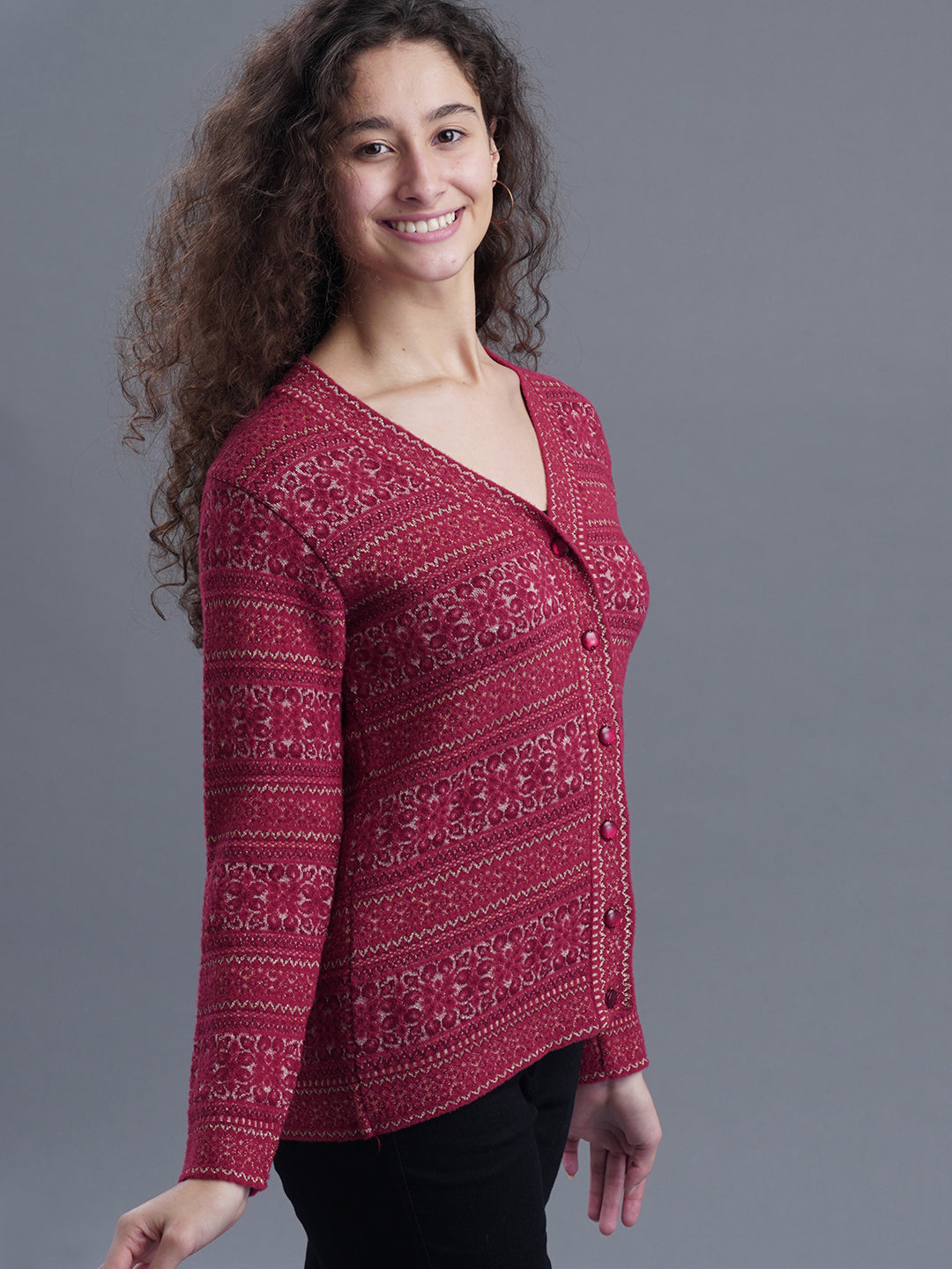Jacquard Wool Cardigan – V-Neck