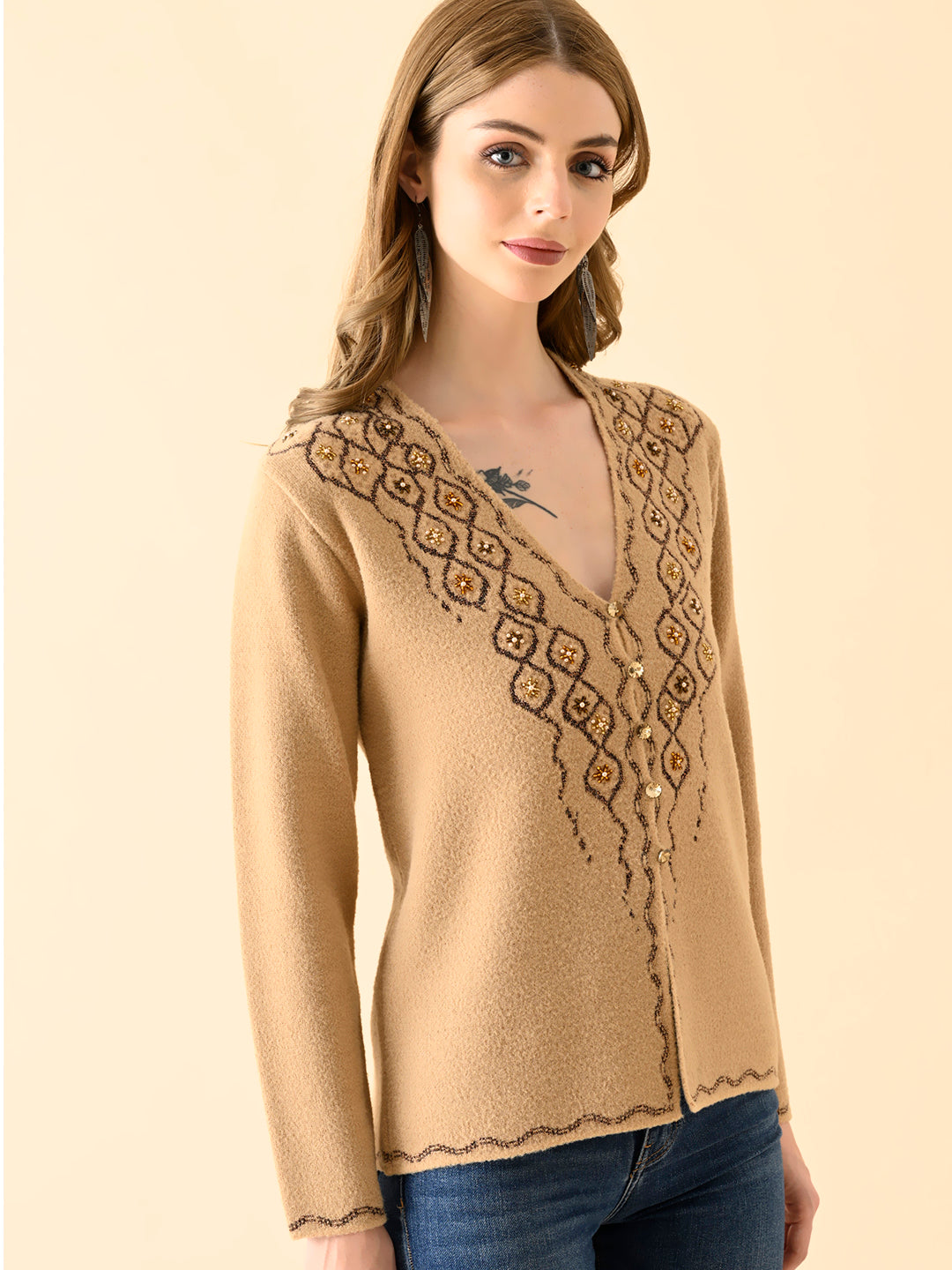 Intricate V-Neck Embroidered Knitwear