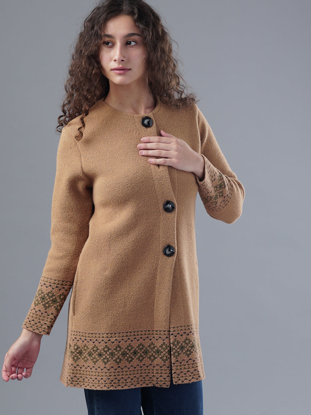 Virsa Border Pattern Longline Cardigan