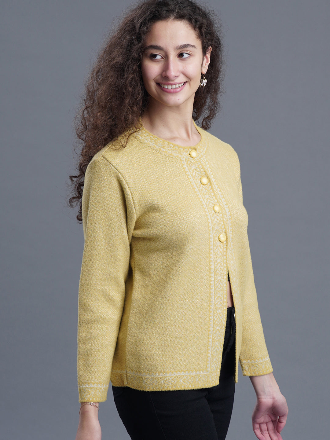 Jacquard Wool Cardigan – Round Neck
