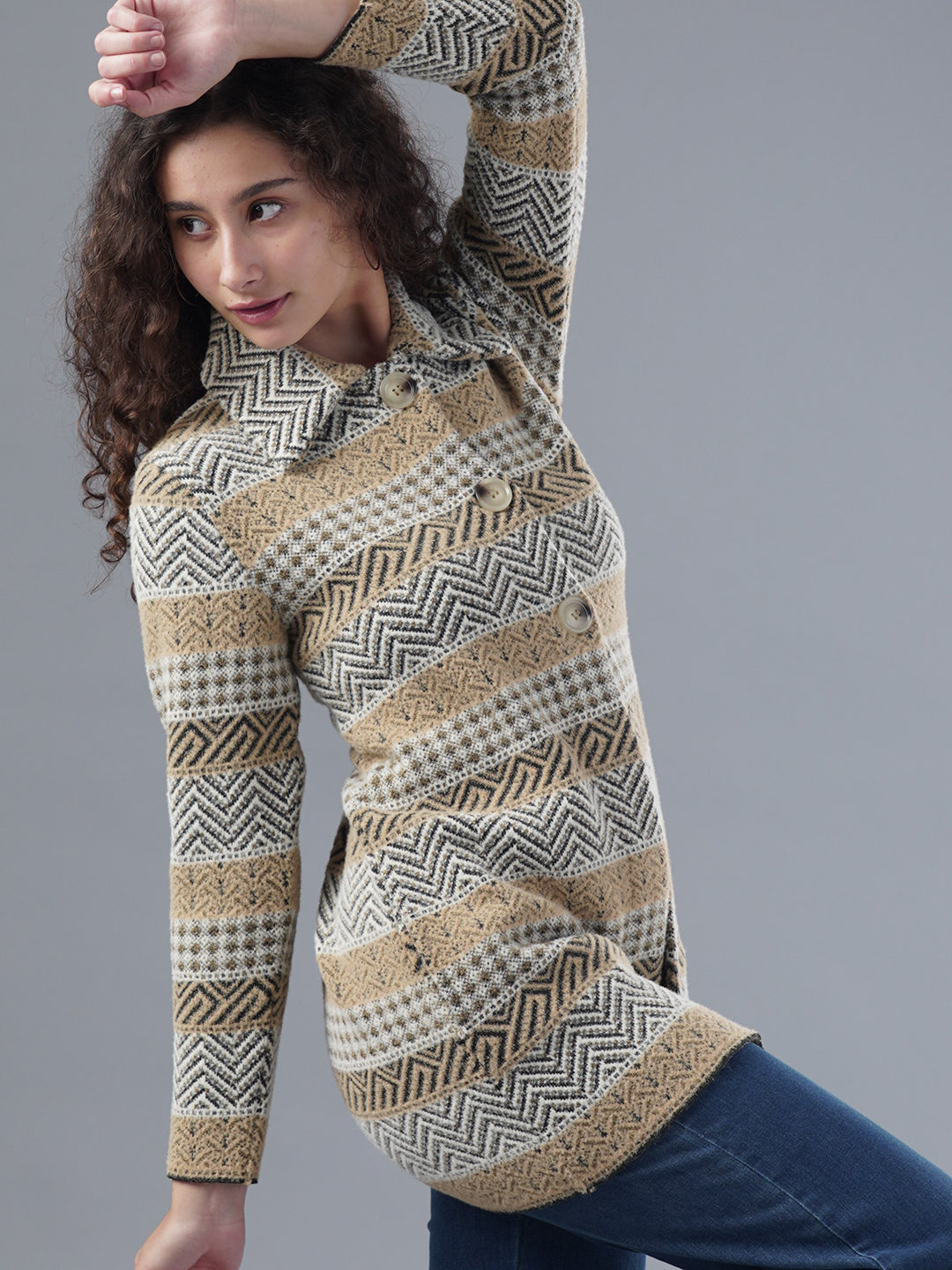 Virsa Striped Pattern Collared Cardigan