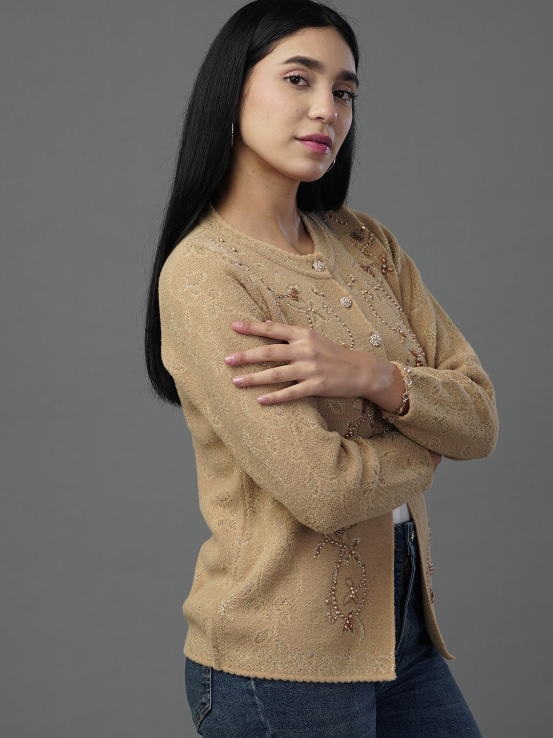 Sophisticated textured weave, V-Neck Cardigan