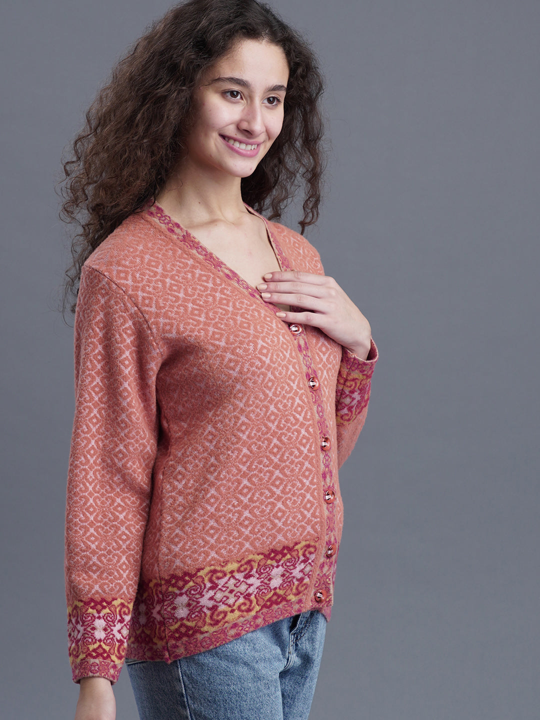  V-Neck Jacquard Wool Cardigan