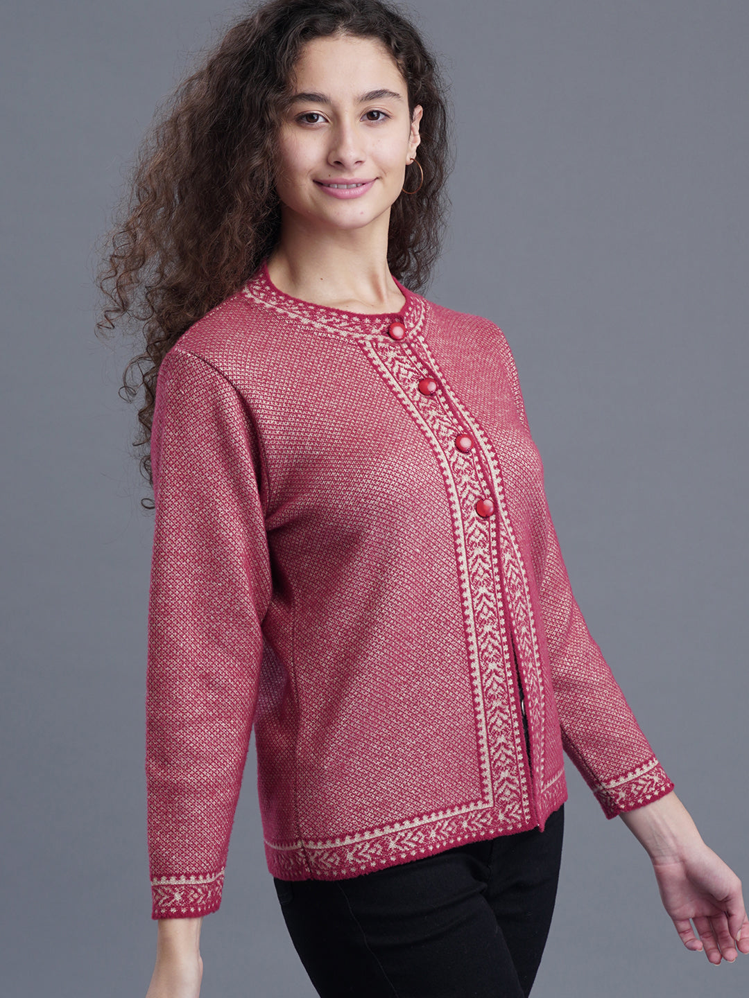 Jacquard Wool Cardigan – Round Neck