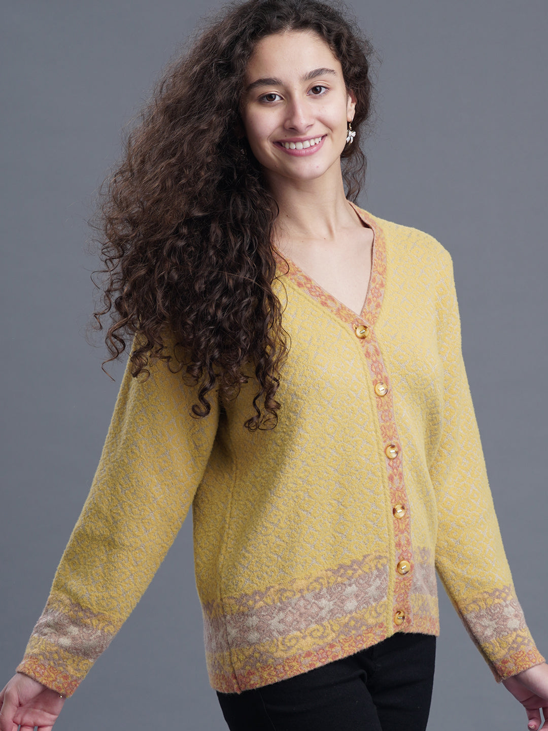  V-Neck Jacquard Wool Cardigan